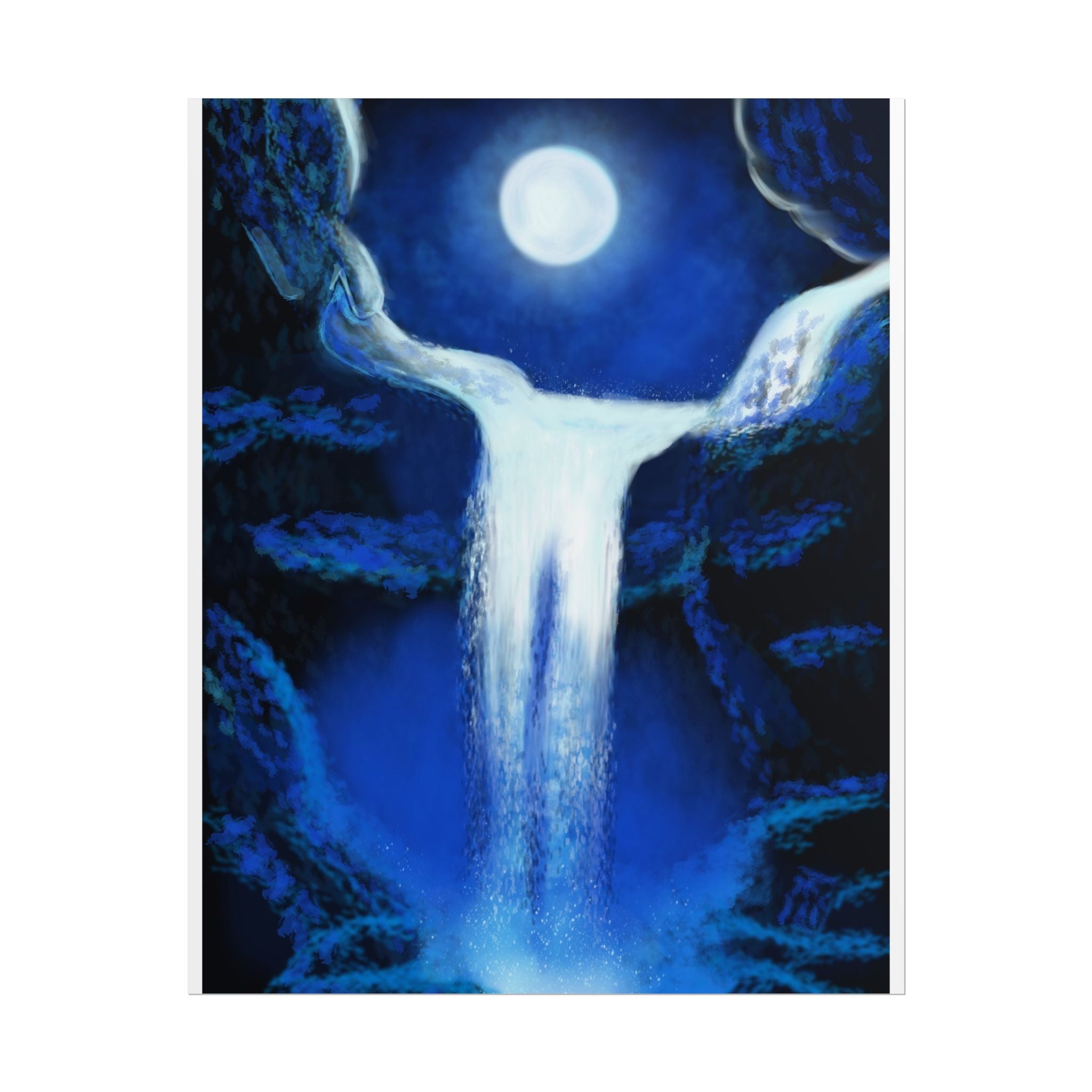 Moonlit Waterfall Poster — Blue Night Nature Wall Art (Rolled Poster)