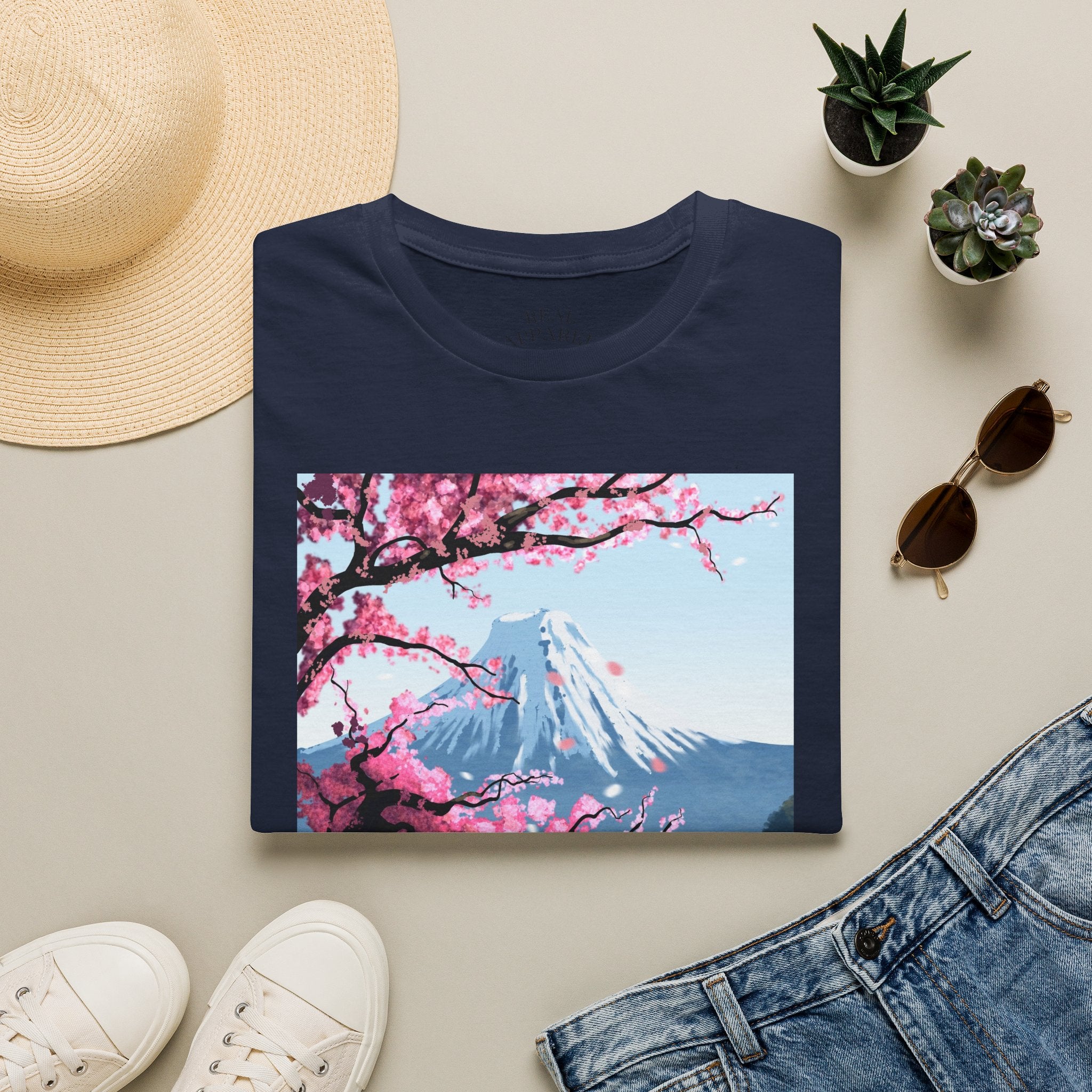 Scenic Sakura Mountain T-Shirt — Cherry Blossom & Snowy Peak Graphic Tee
