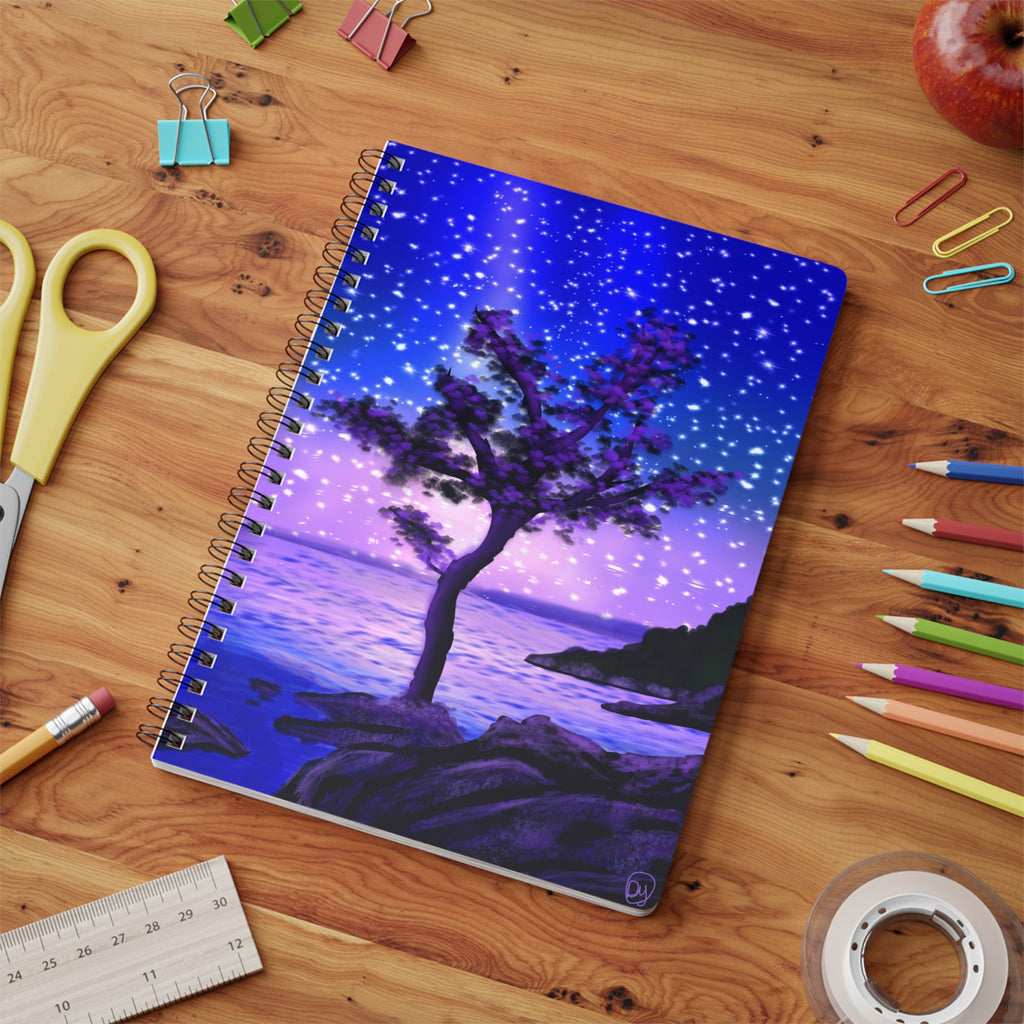 A5 Starry Night Coastal Notebook — Purple Tree Wirobound Journal