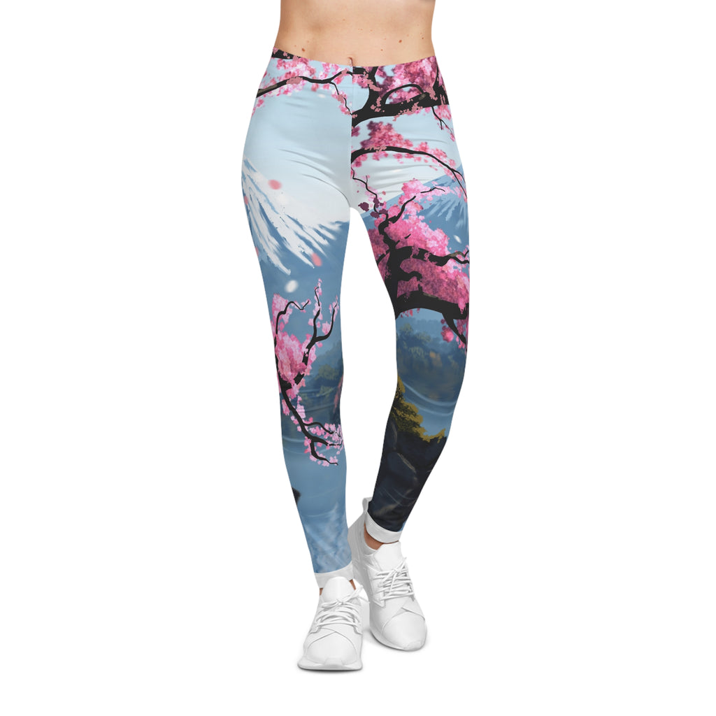 Cherry Blossom Mountains Leggings — Scenic Sakura All-Over Print