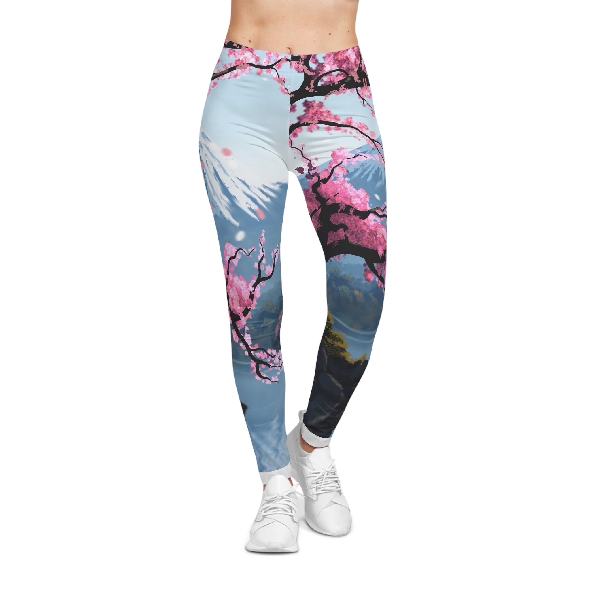 Cherry Blossom Mountains Leggings — Scenic Sakura All-Over Print