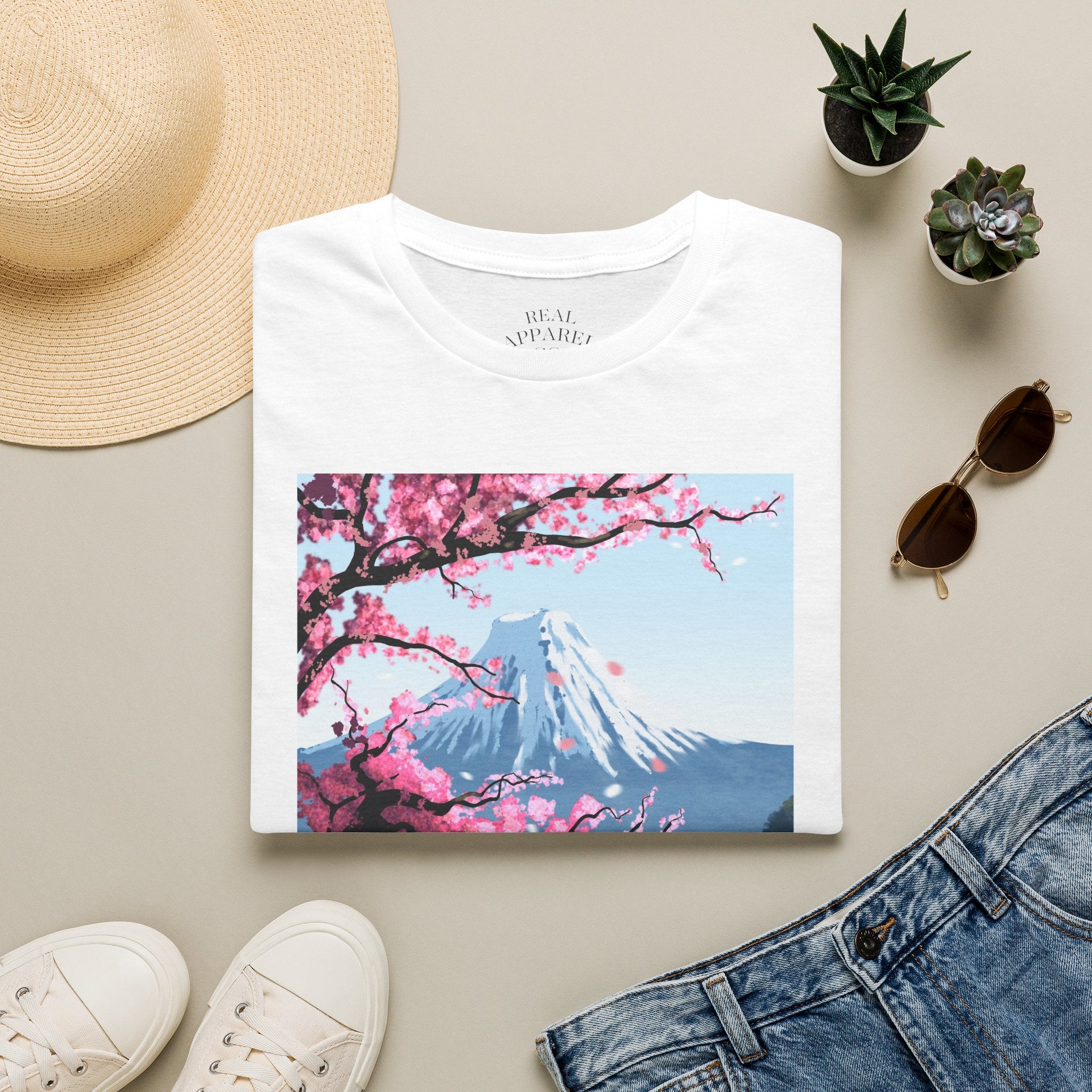Scenic Sakura Mountain T-Shirt — Cherry Blossom & Snowy Peak Graphic Tee