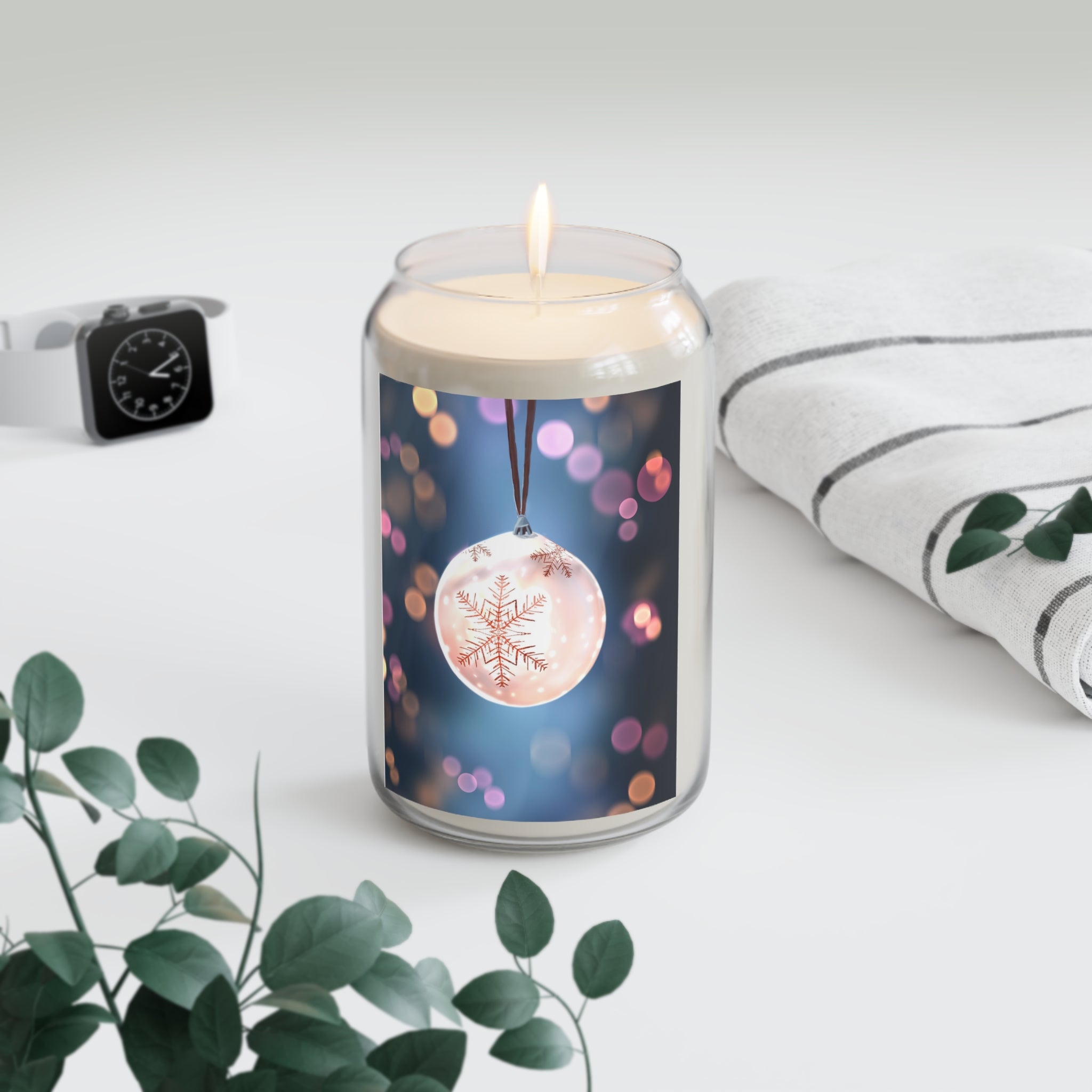 Holiday Ornament Soy Candle — Scented 13.75oz (Snowflake Bokeh)