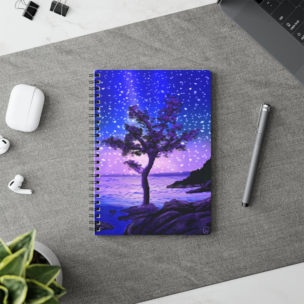 A5 Starry Night Coastal Notebook — Purple Tree Wirobound Journal