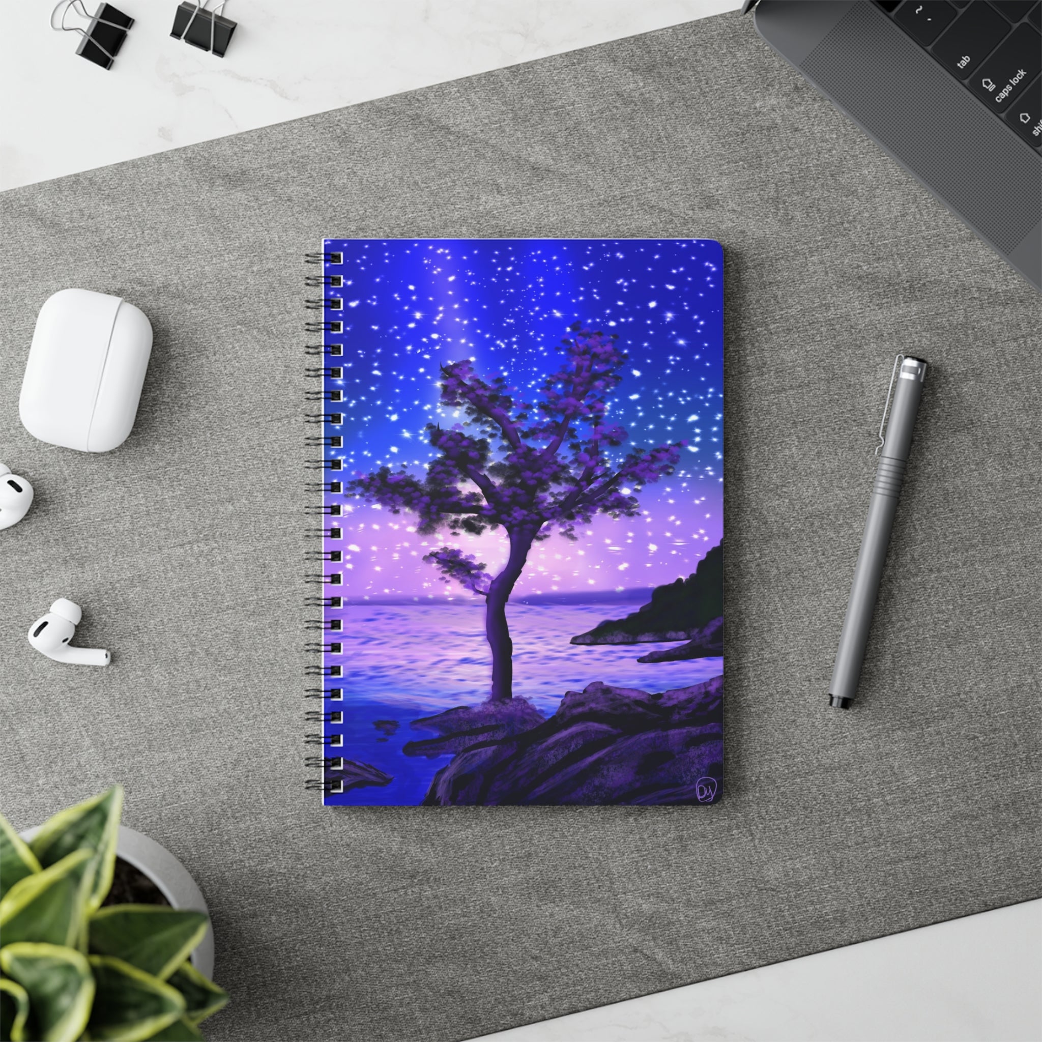 A5 Starry Night Coastal Notebook — Purple Tree Wirobound Journal