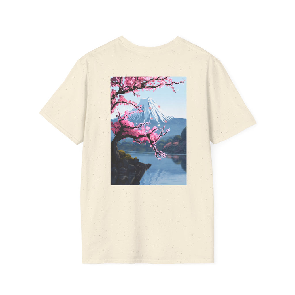 Scenic Sakura Mountain T-Shirt — Cherry Blossom & Snowy Peak Graphic Tee