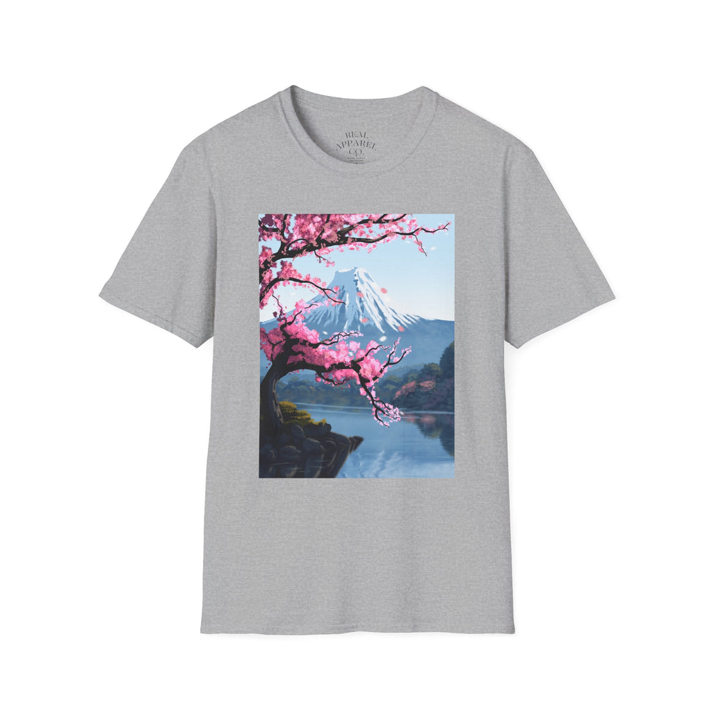 Scenic Sakura Mountain T-Shirt — Cherry Blossom & Snowy Peak Graphic Tee