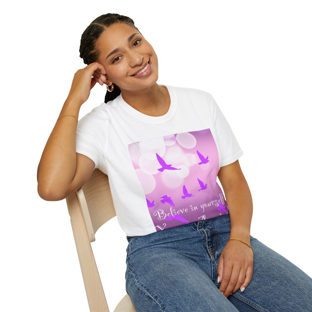 T-Shirt — "Believe in Yourself, You are Amazing" Pink Bokeh Bird Graphic