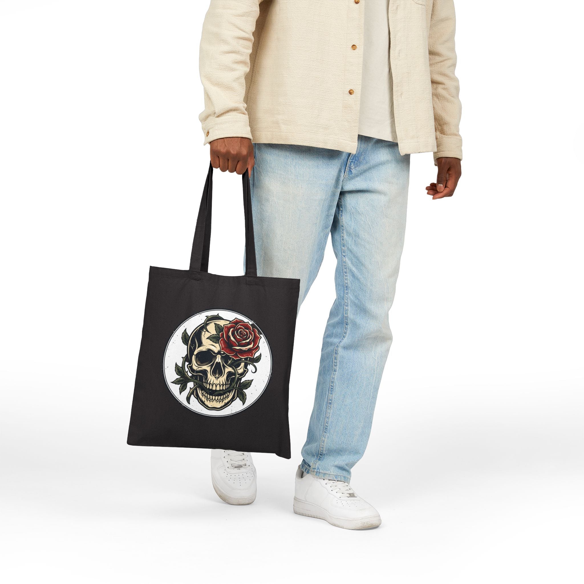 Skull & Rose Tote Bag — Gothic Canvas Shopper for Everyday, Concerts & Halloween