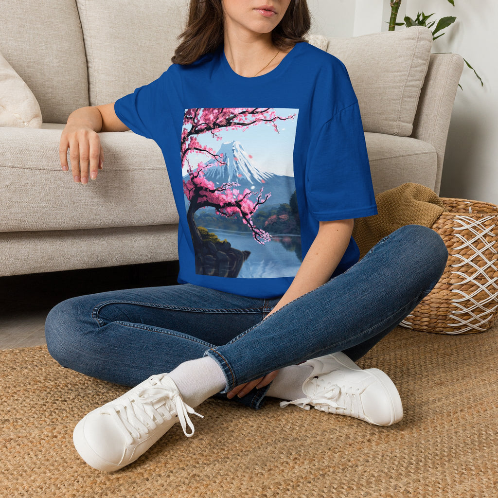 Scenic Sakura Mountain T-Shirt — Cherry Blossom & Snowy Peak Graphic Tee