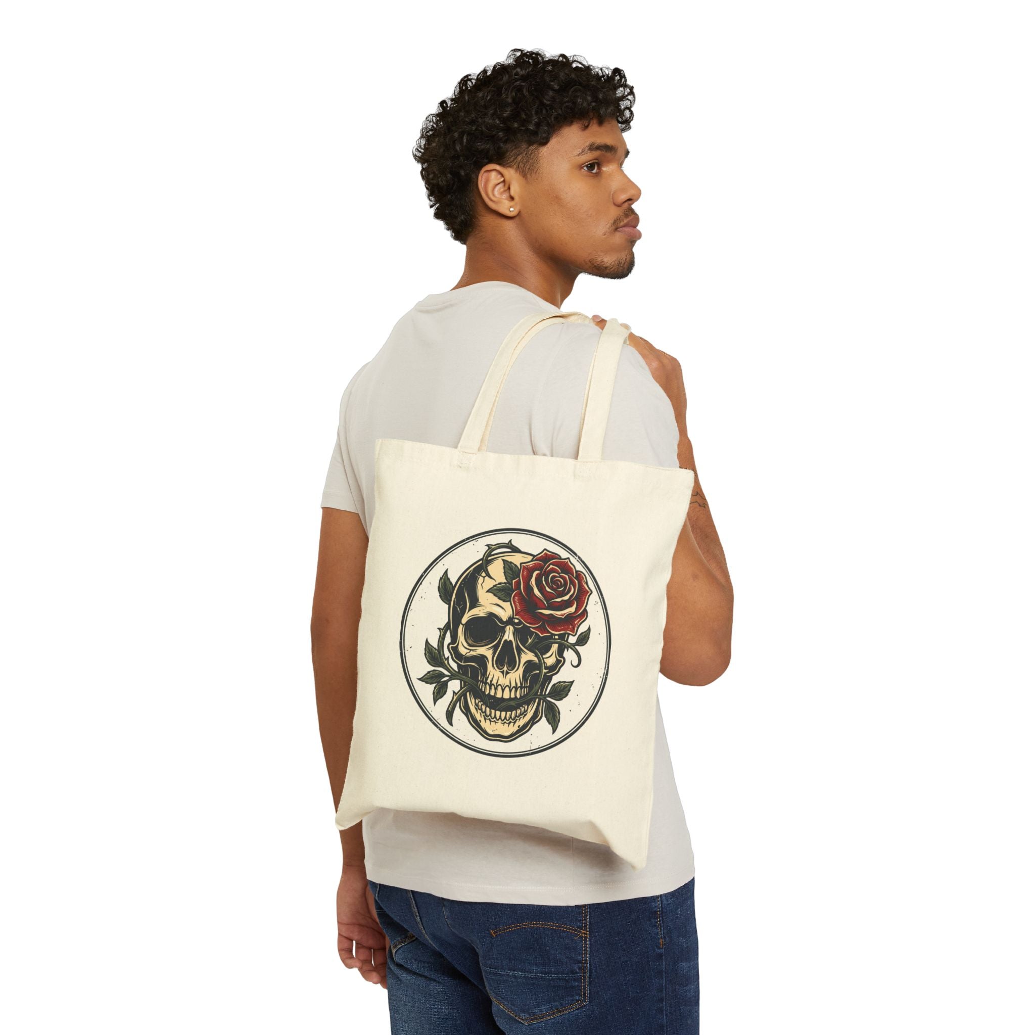 Skull & Rose Tote Bag — Gothic Canvas Shopper for Everyday, Concerts & Halloween