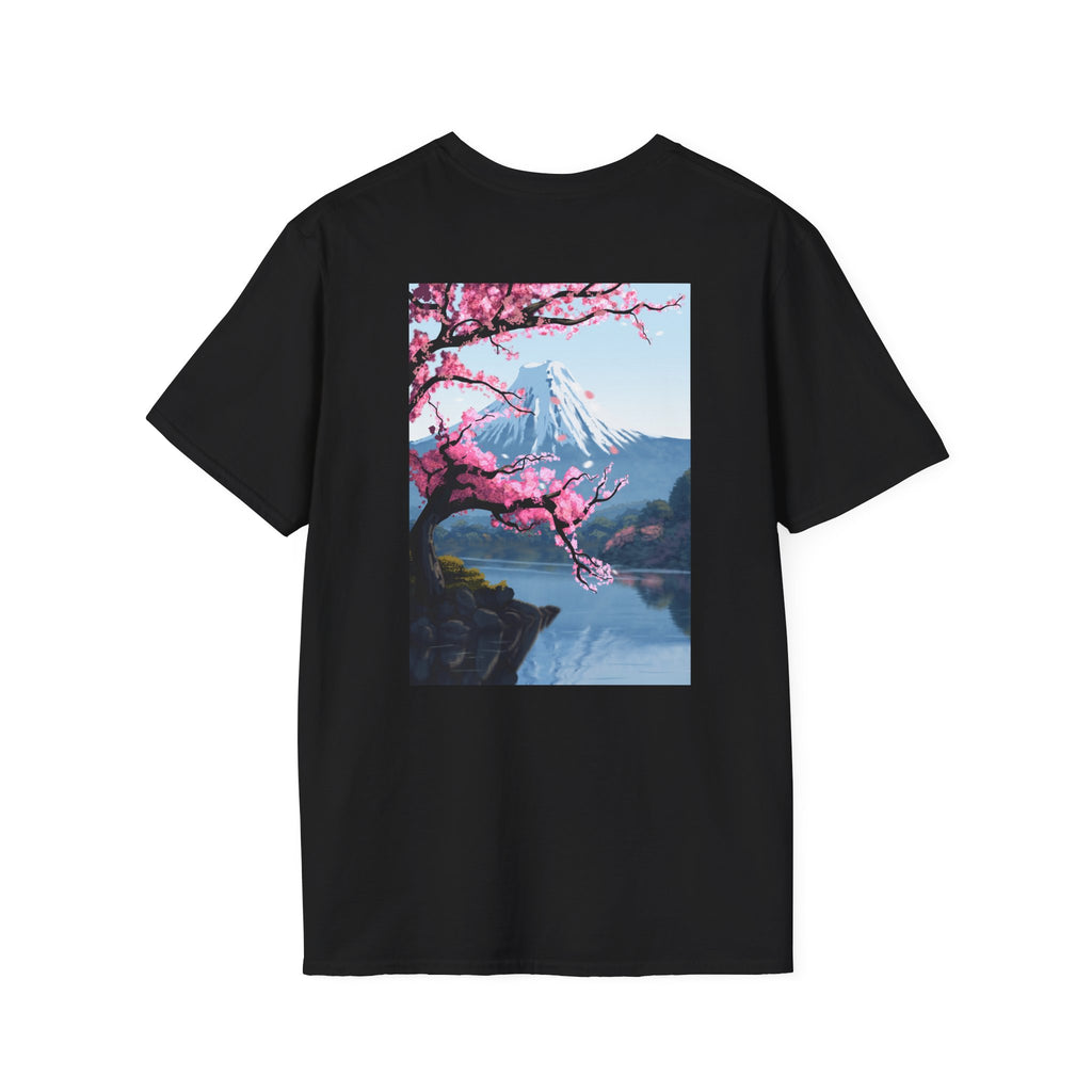 Scenic Sakura Mountain T-Shirt — Cherry Blossom & Snowy Peak Graphic Tee