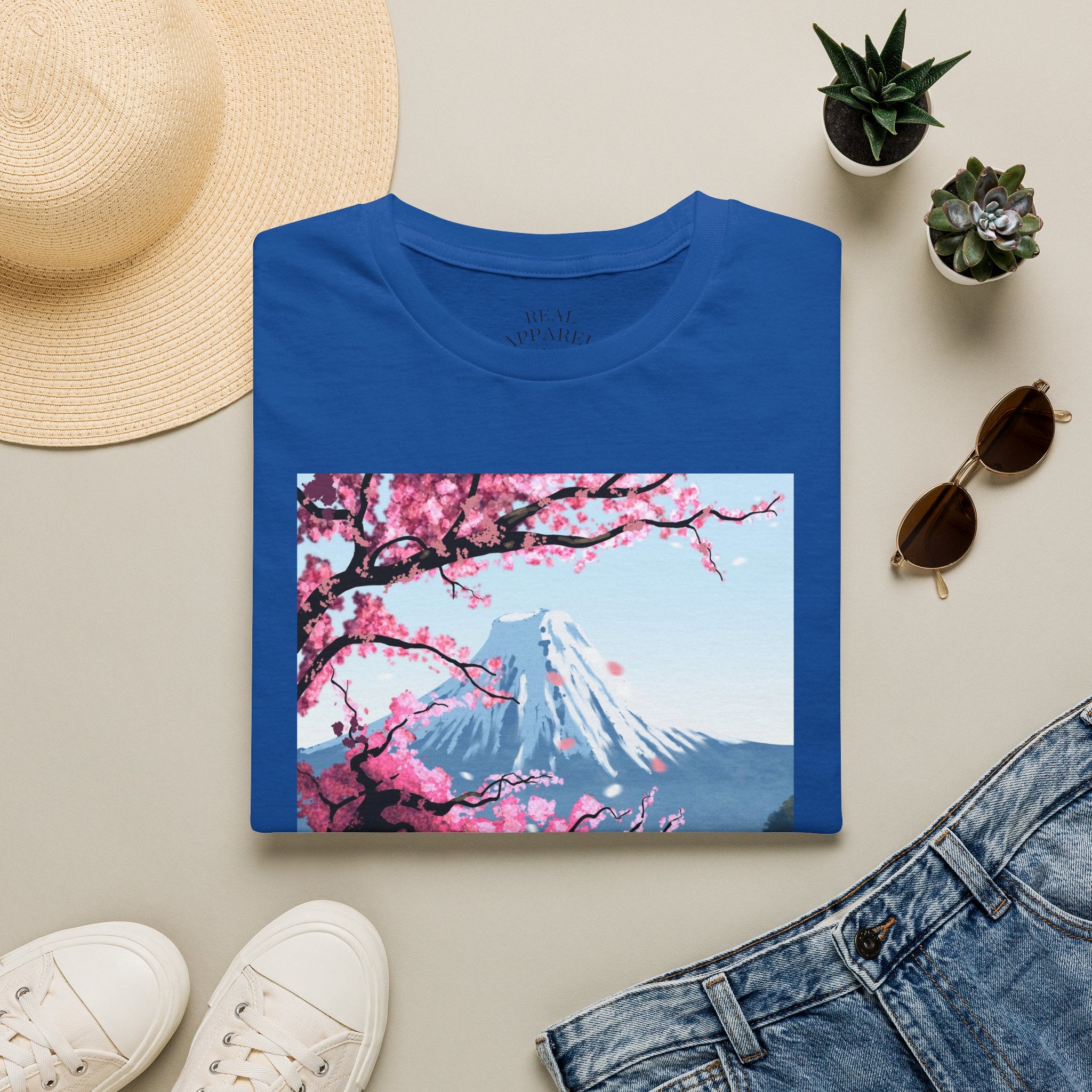 Scenic Sakura Mountain T-Shirt — Cherry Blossom & Snowy Peak Graphic Tee