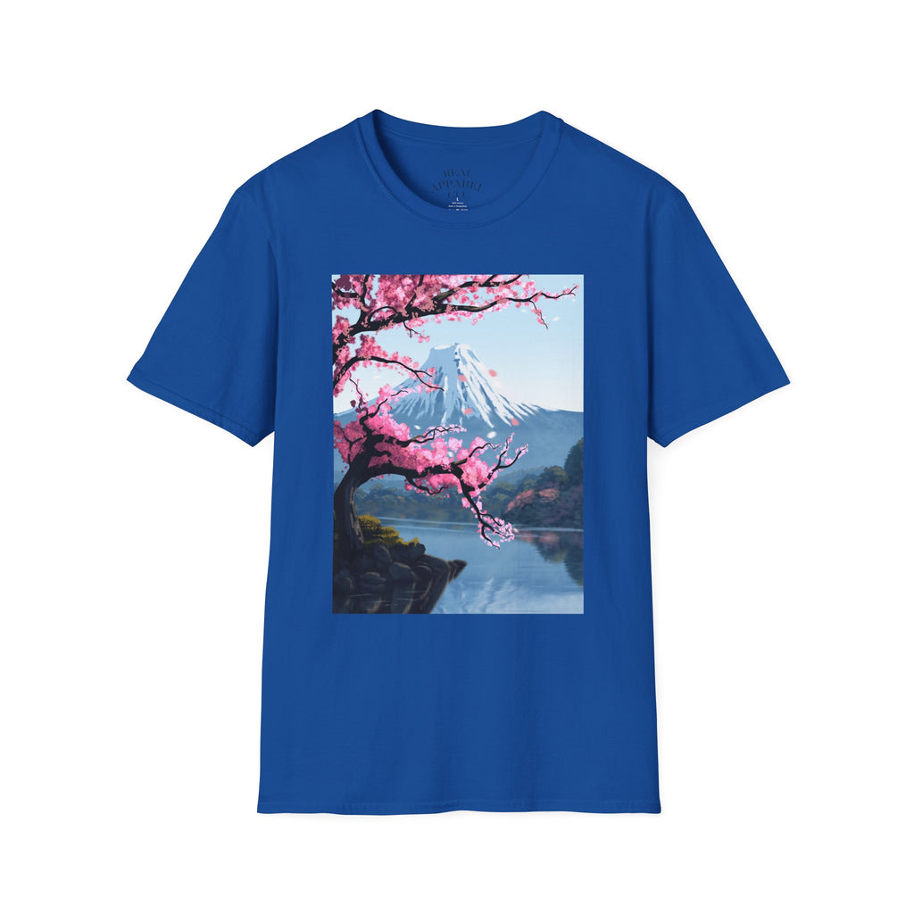 Scenic Sakura Mountain T-Shirt — Cherry Blossom & Snowy Peak Graphic Tee
