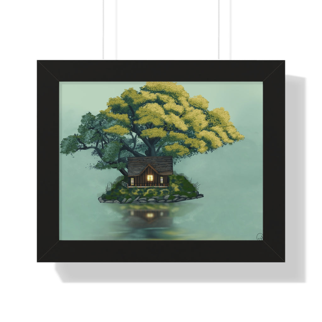 Framed Poster — Cozy Cabin on Floating Island Art Print