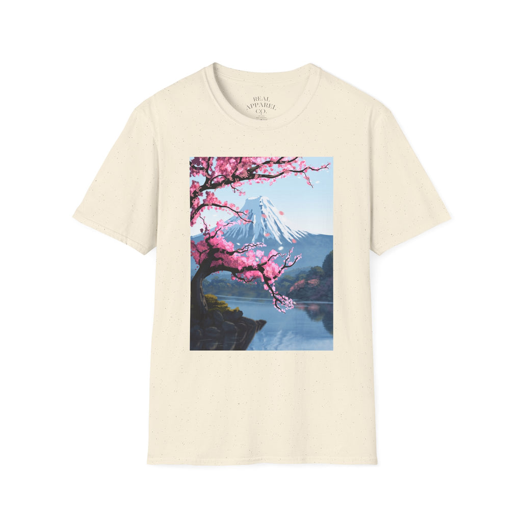 Scenic Sakura Mountain T-Shirt — Cherry Blossom & Snowy Peak Graphic Tee