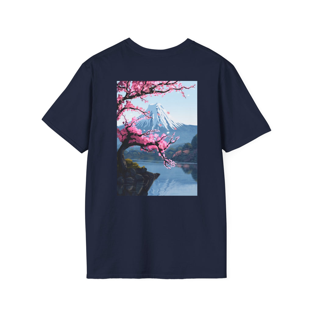 Scenic Sakura Mountain T-Shirt — Cherry Blossom & Snowy Peak Graphic Tee
