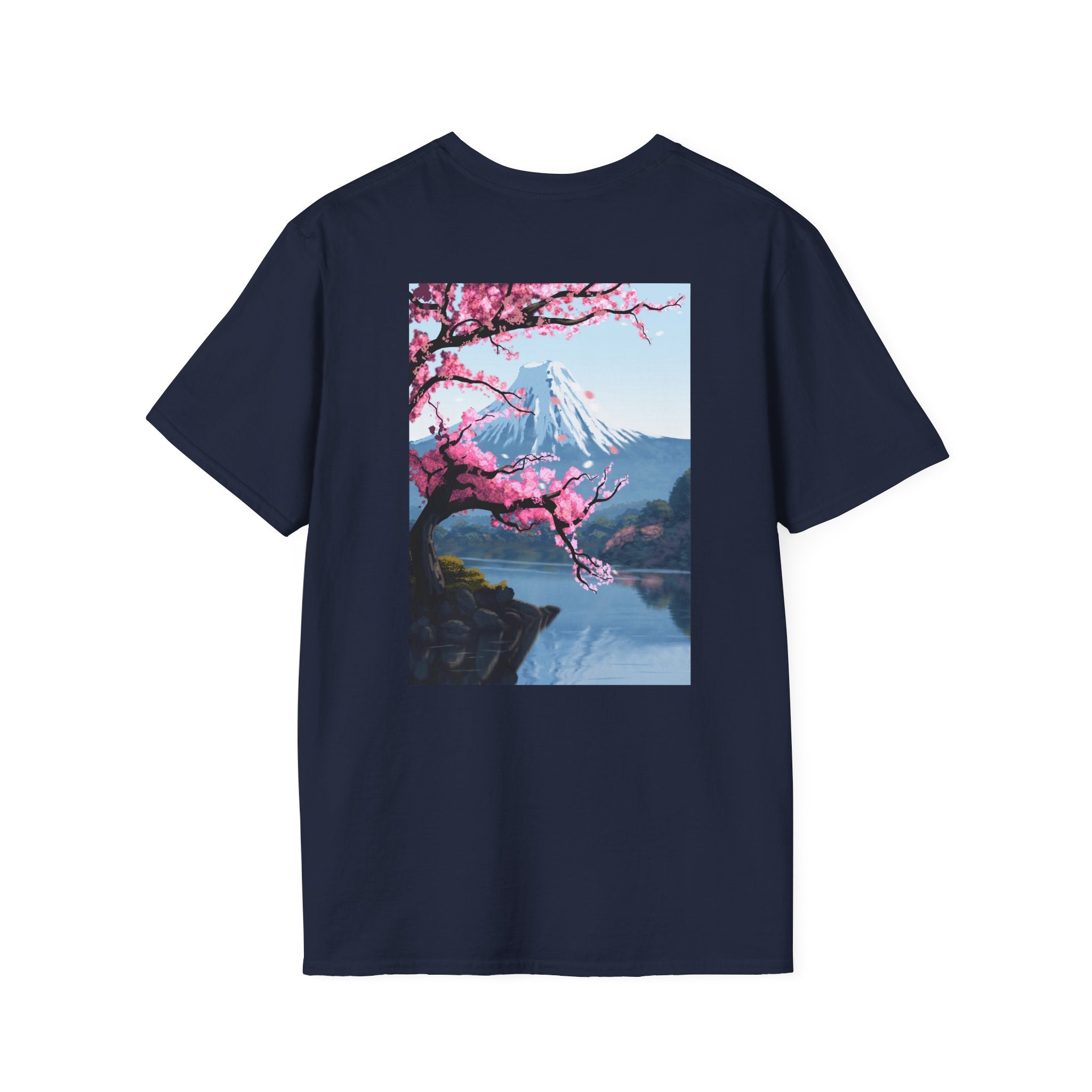 Scenic Sakura Mountain T-Shirt — Cherry Blossom & Snowy Peak Graphic Tee