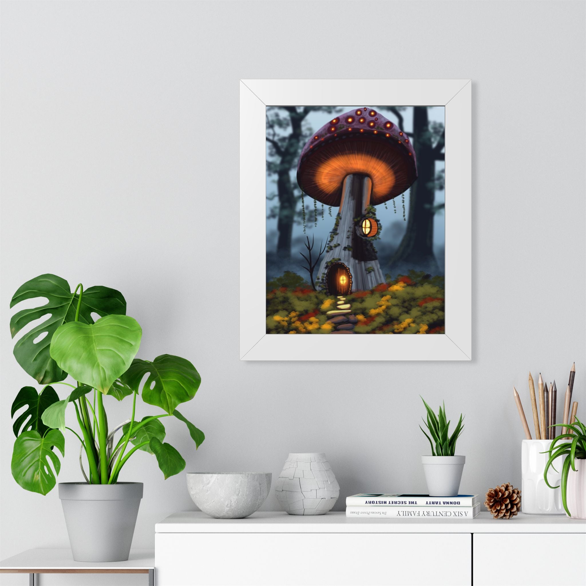 Mushroom Cottage Framed Poster — Whimsical Forest Fantasy Wall Art