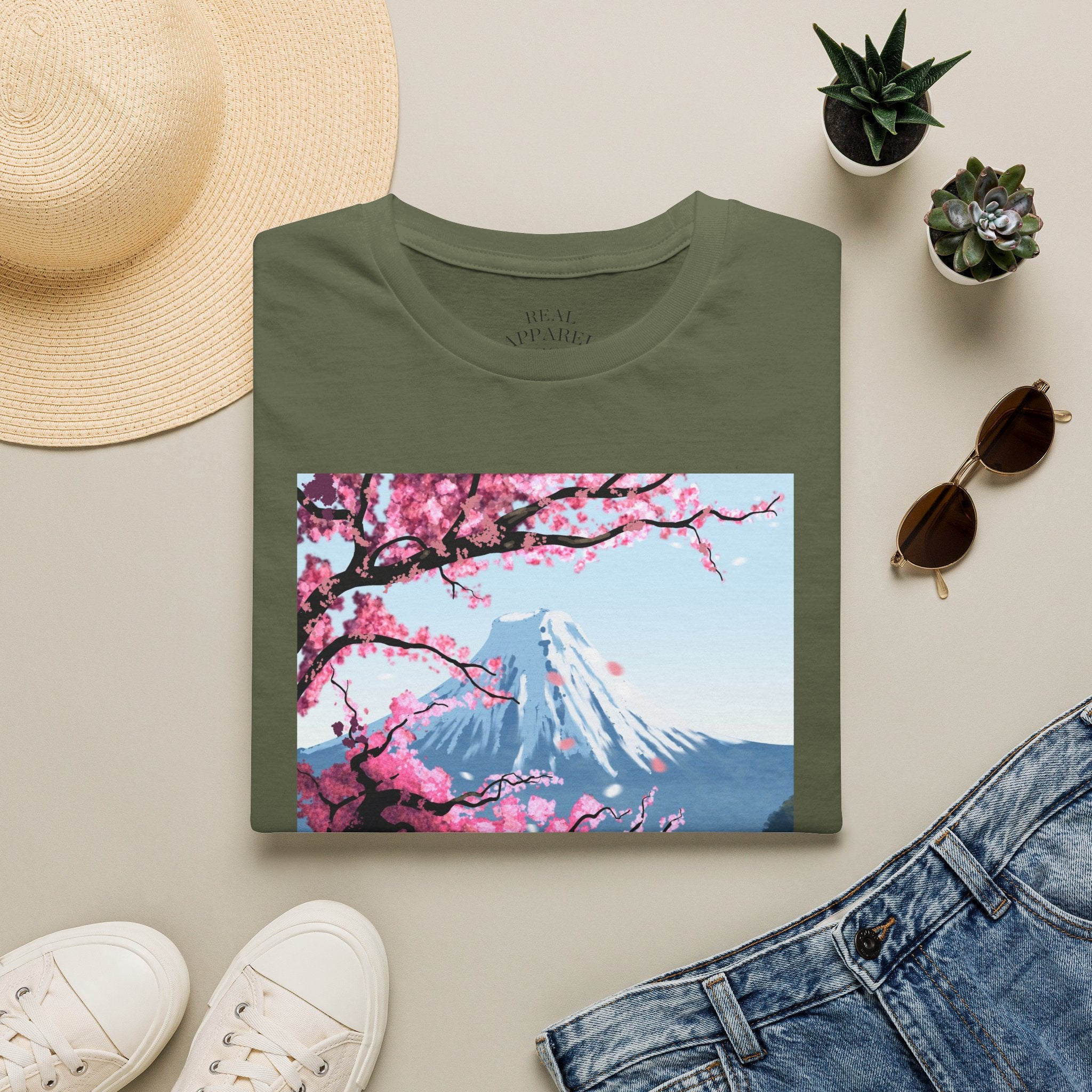 Scenic Sakura Mountain T-Shirt — Cherry Blossom & Snowy Peak Graphic Tee