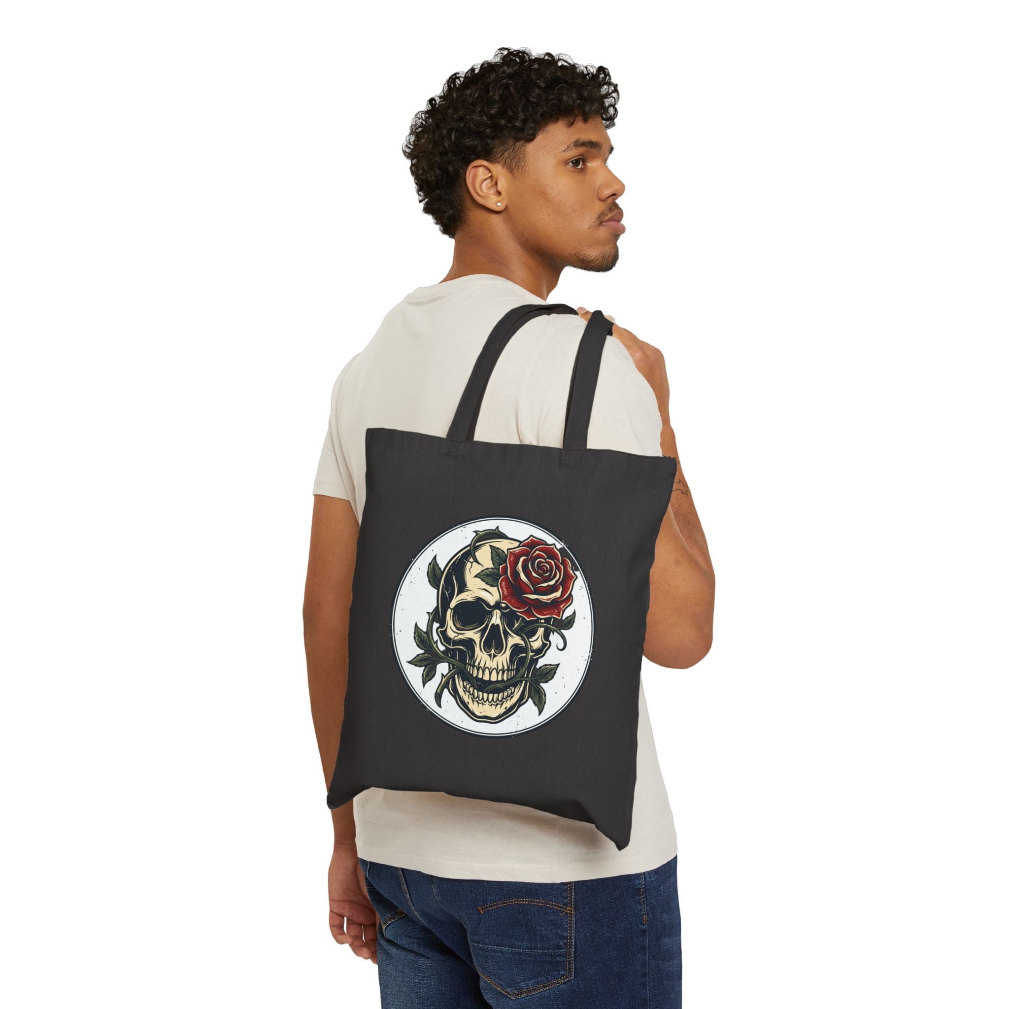 Skull & Rose Tote Bag — Gothic Canvas Shopper for Everyday, Concerts & Halloween