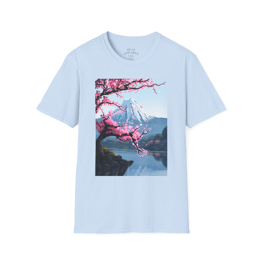 Scenic Sakura Mountain T-Shirt — Cherry Blossom & Snowy Peak Graphic Tee