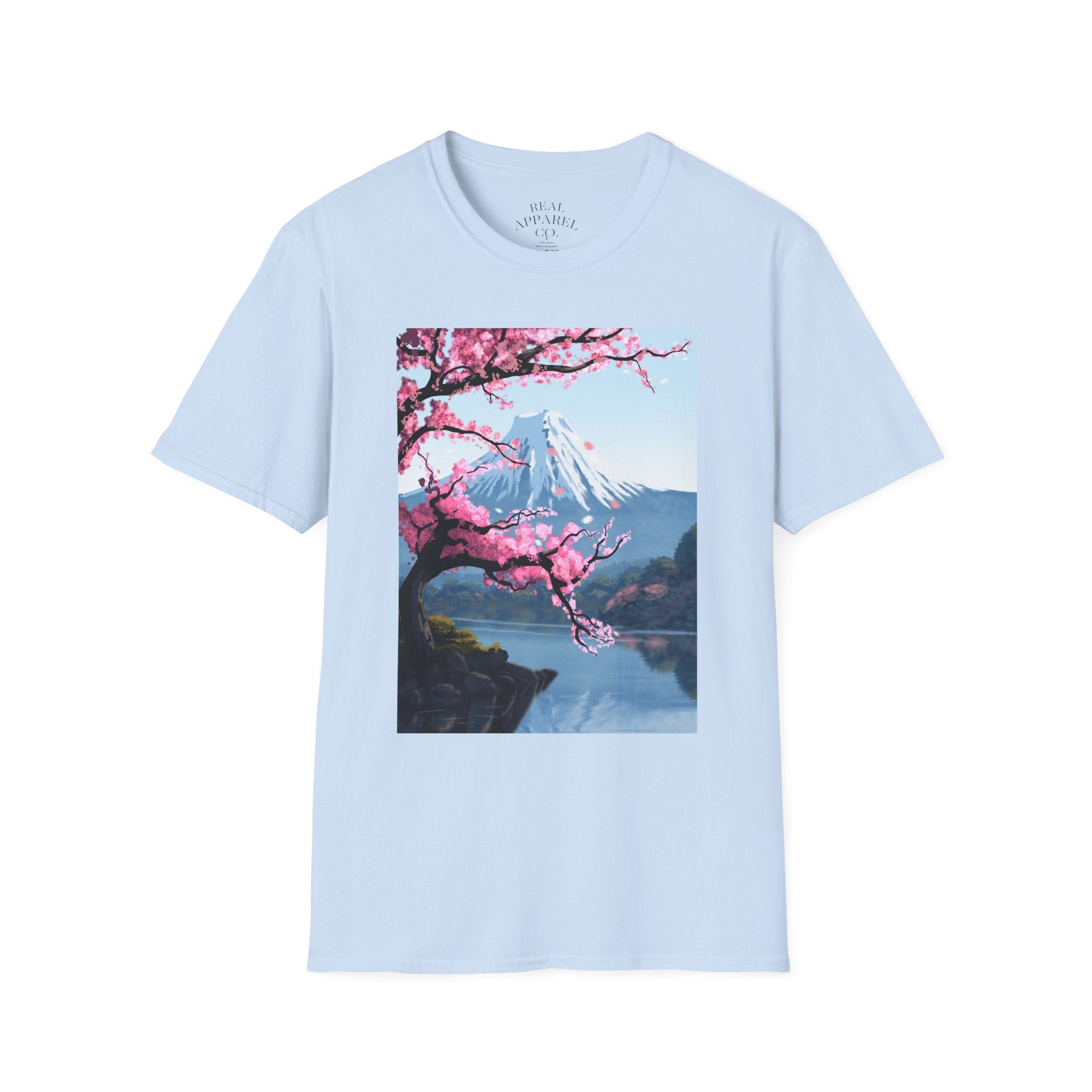 Scenic Sakura Mountain T-Shirt — Cherry Blossom & Snowy Peak Graphic Tee