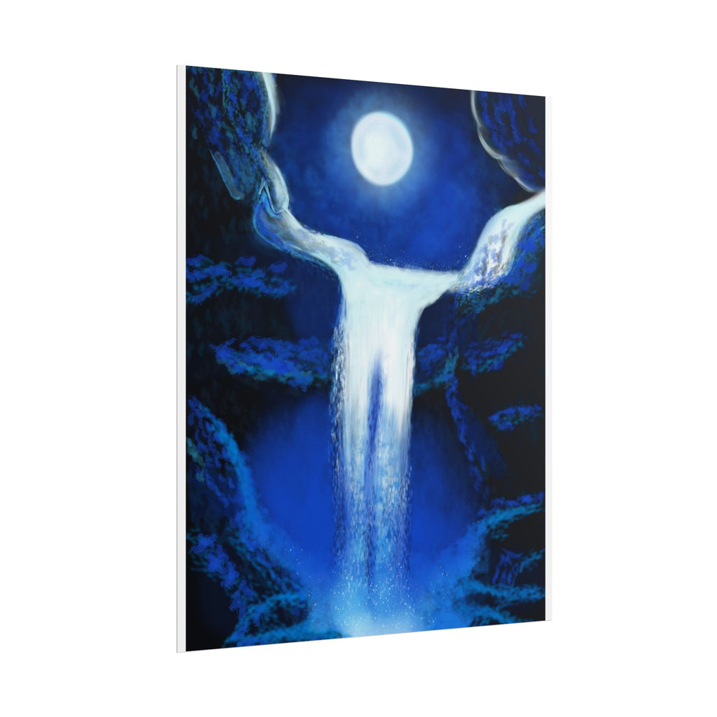 Moonlit Waterfall Poster — Blue Night Nature Wall Art (Rolled Poster)