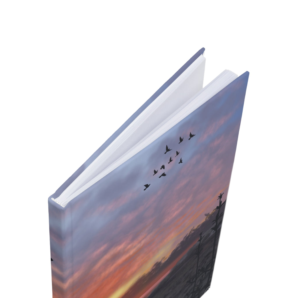 Sunset Lakeside Hardcover Journal — Tranquil Tree & Flying Birds A5 Notebook