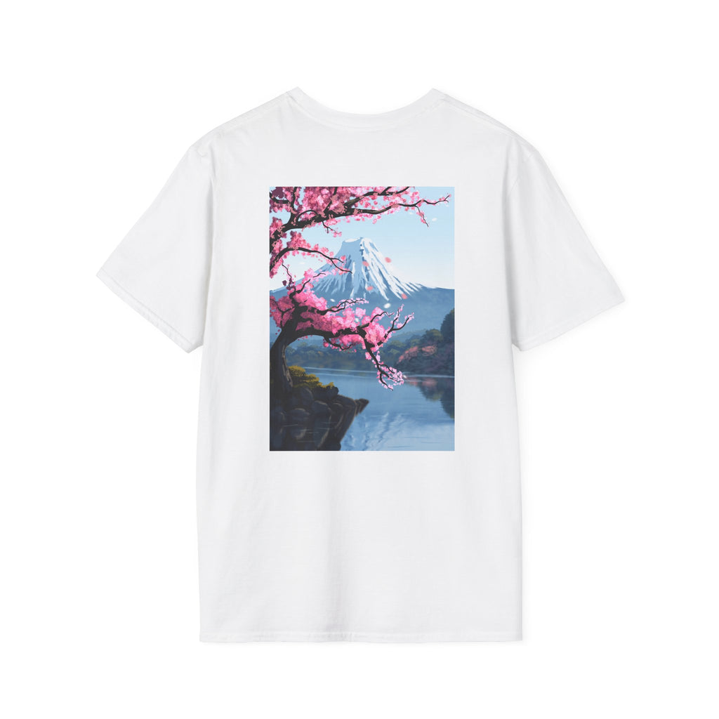 Scenic Sakura Mountain T-Shirt — Cherry Blossom & Snowy Peak Graphic Tee