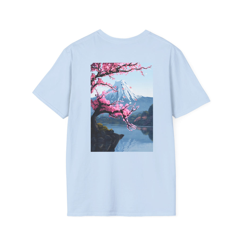 Scenic Sakura Mountain T-Shirt — Cherry Blossom & Snowy Peak Graphic Tee