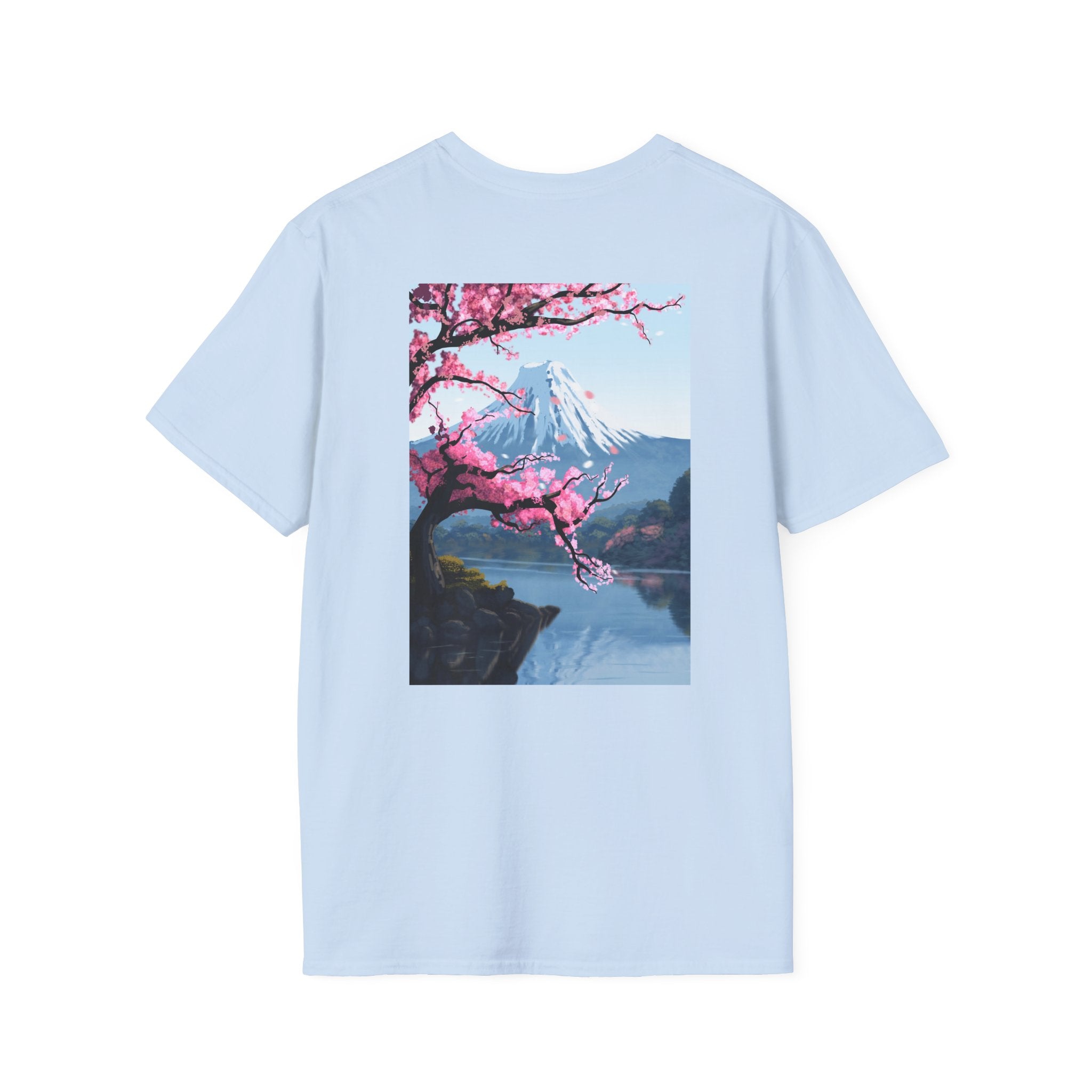 Scenic Sakura Mountain T-Shirt — Cherry Blossom & Snowy Peak Graphic Tee