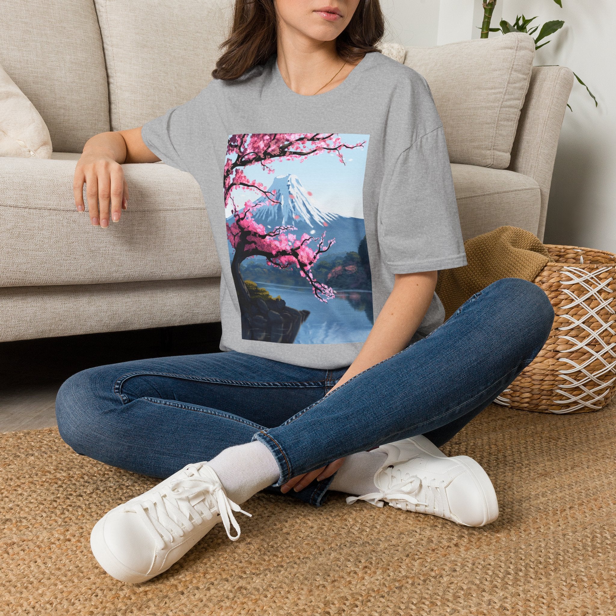 Scenic Sakura Mountain T-Shirt — Cherry Blossom & Snowy Peak Graphic Tee