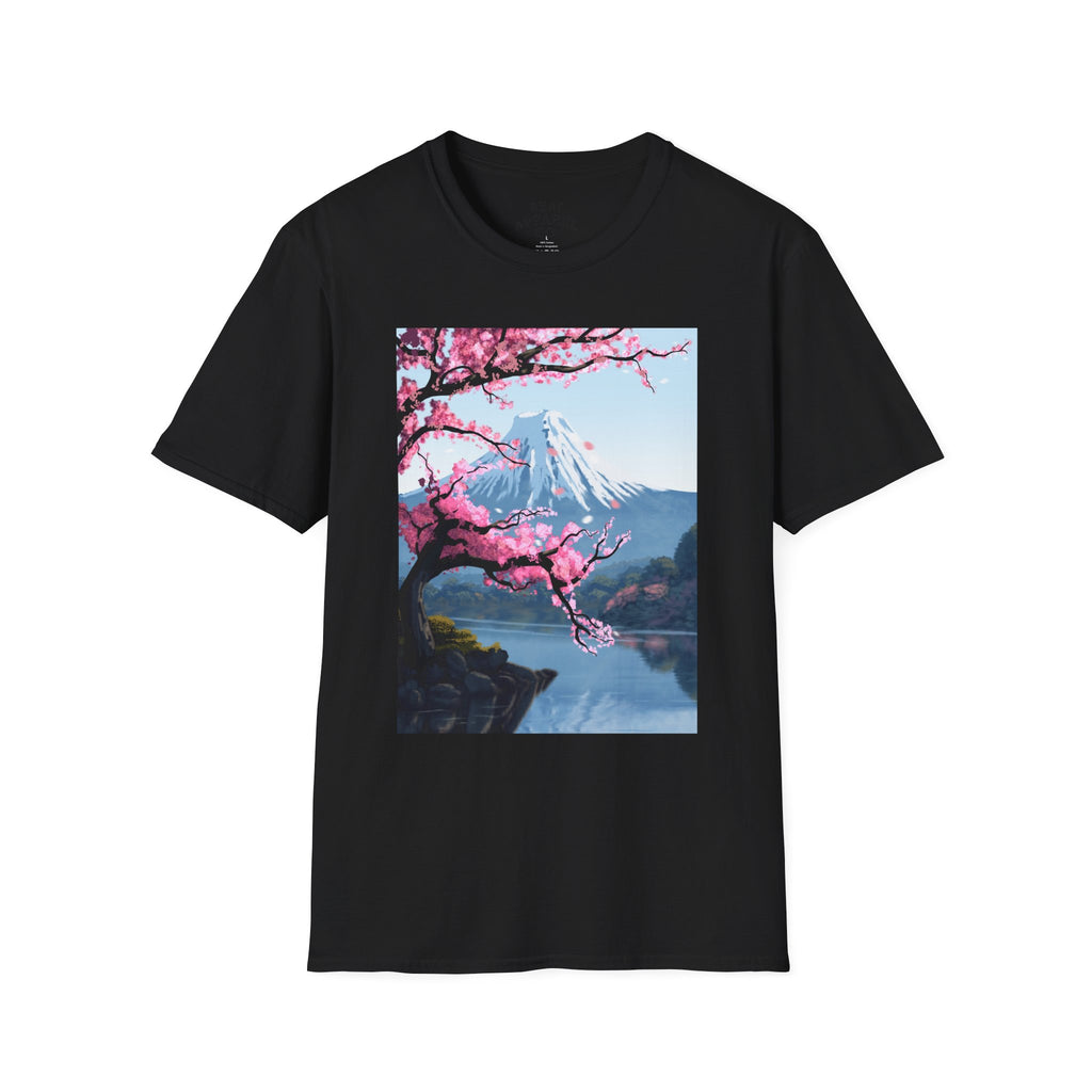 Scenic Sakura Mountain T-Shirt — Cherry Blossom & Snowy Peak Graphic Tee