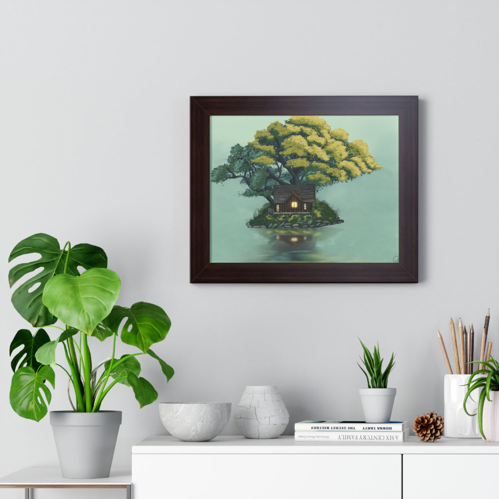 Framed Poster — Cozy Cabin on Floating Island Art Print