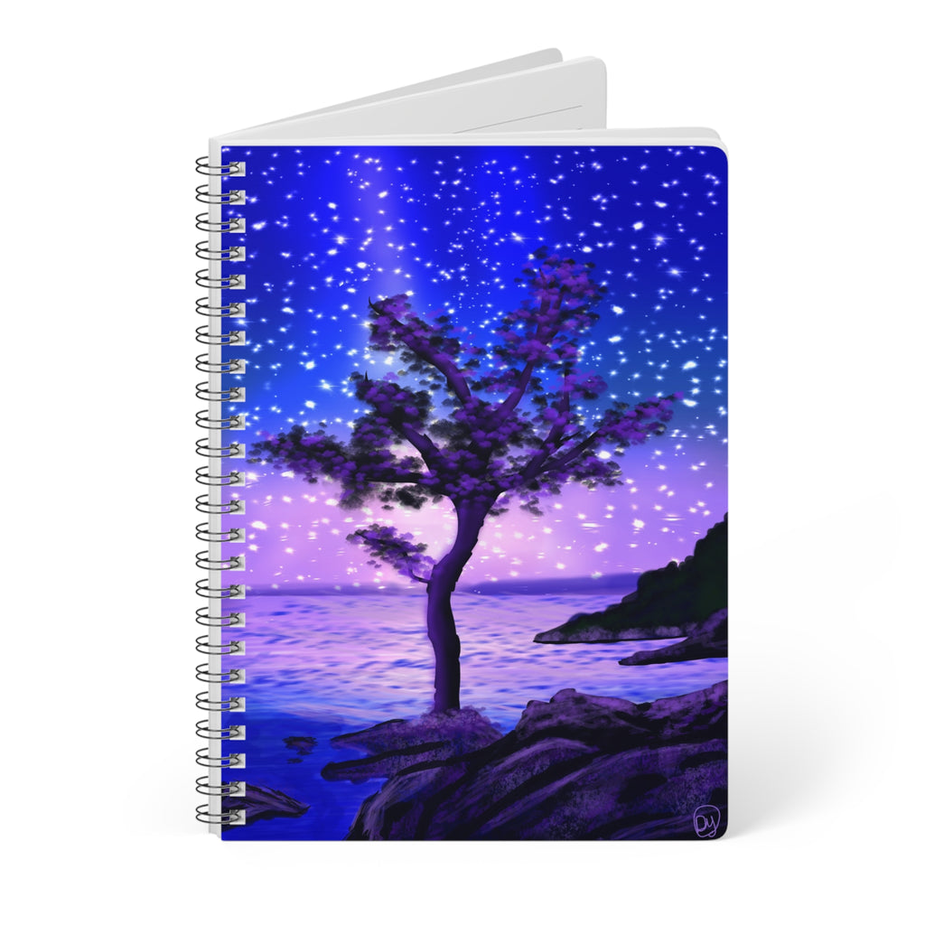 A5 Starry Night Coastal Notebook — Purple Tree Wirobound Journal