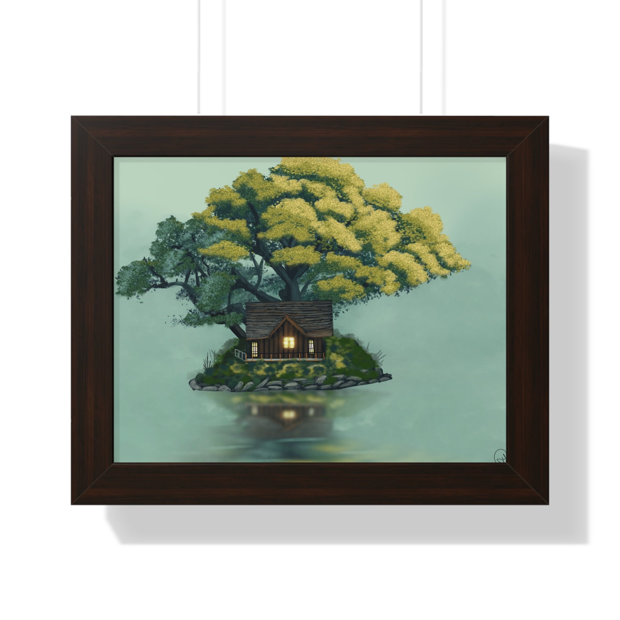 Framed Poster — Cozy Cabin on Floating Island Art Print