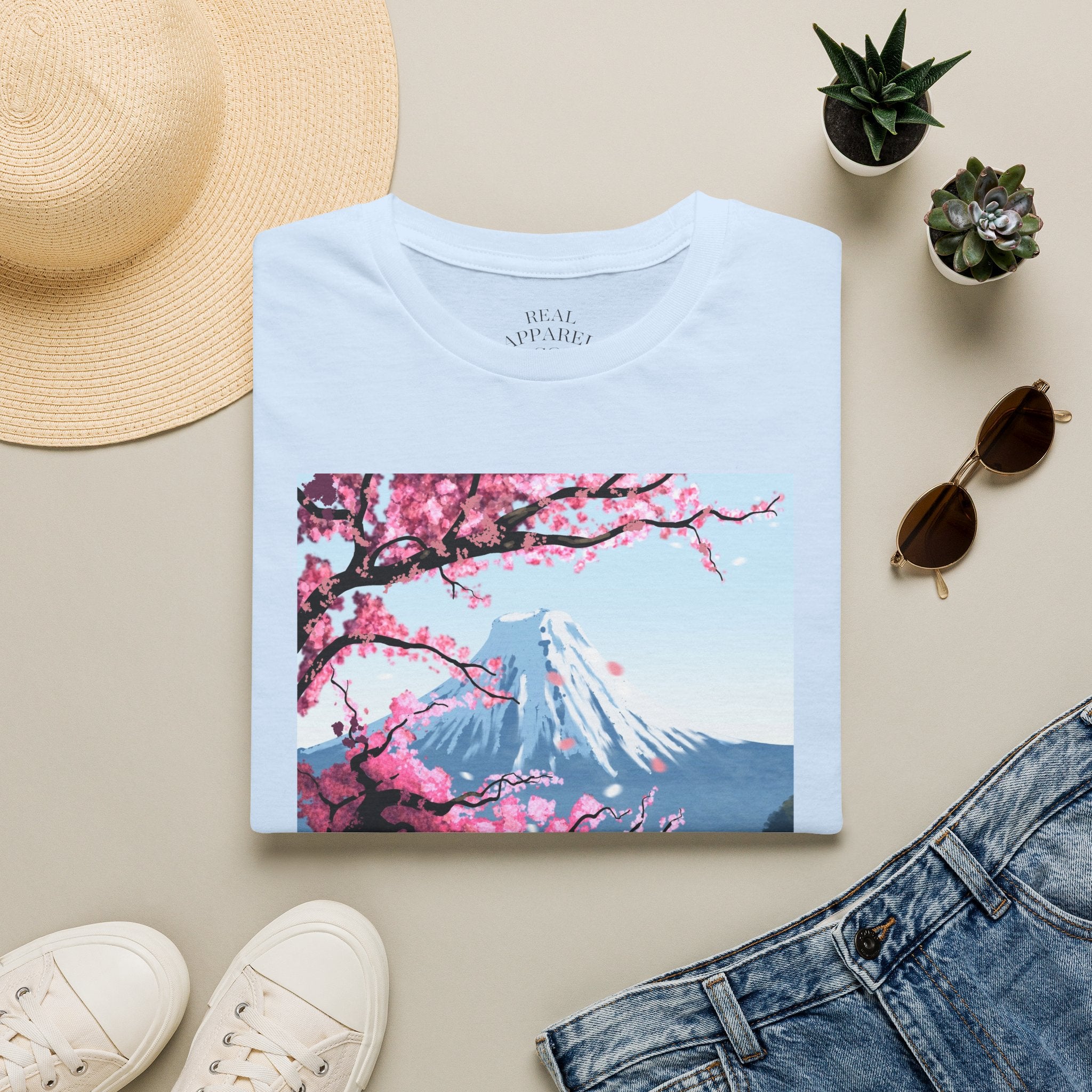 Scenic Sakura Mountain T-Shirt — Cherry Blossom & Snowy Peak Graphic Tee