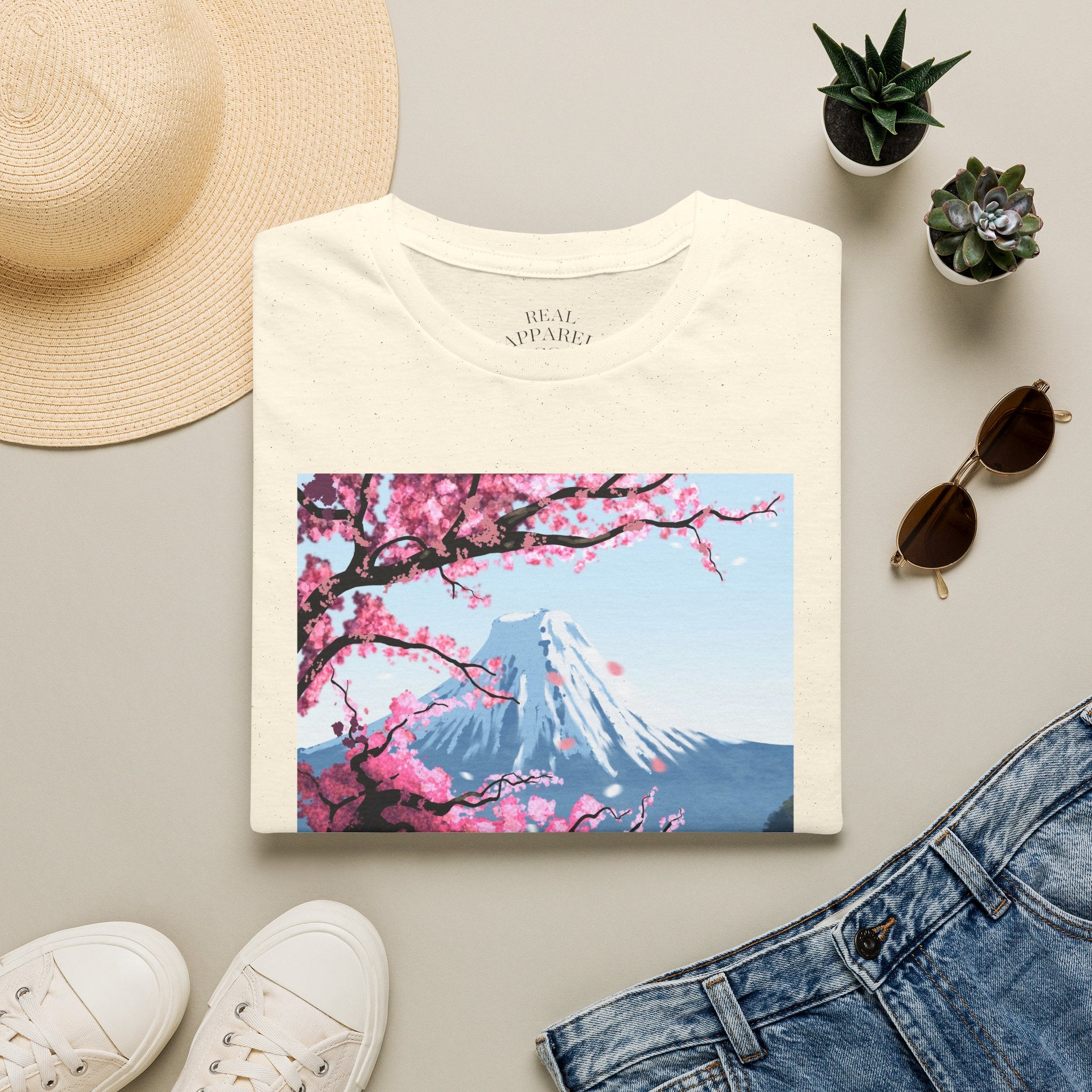 Scenic Sakura Mountain T-Shirt — Cherry Blossom & Snowy Peak Graphic Tee