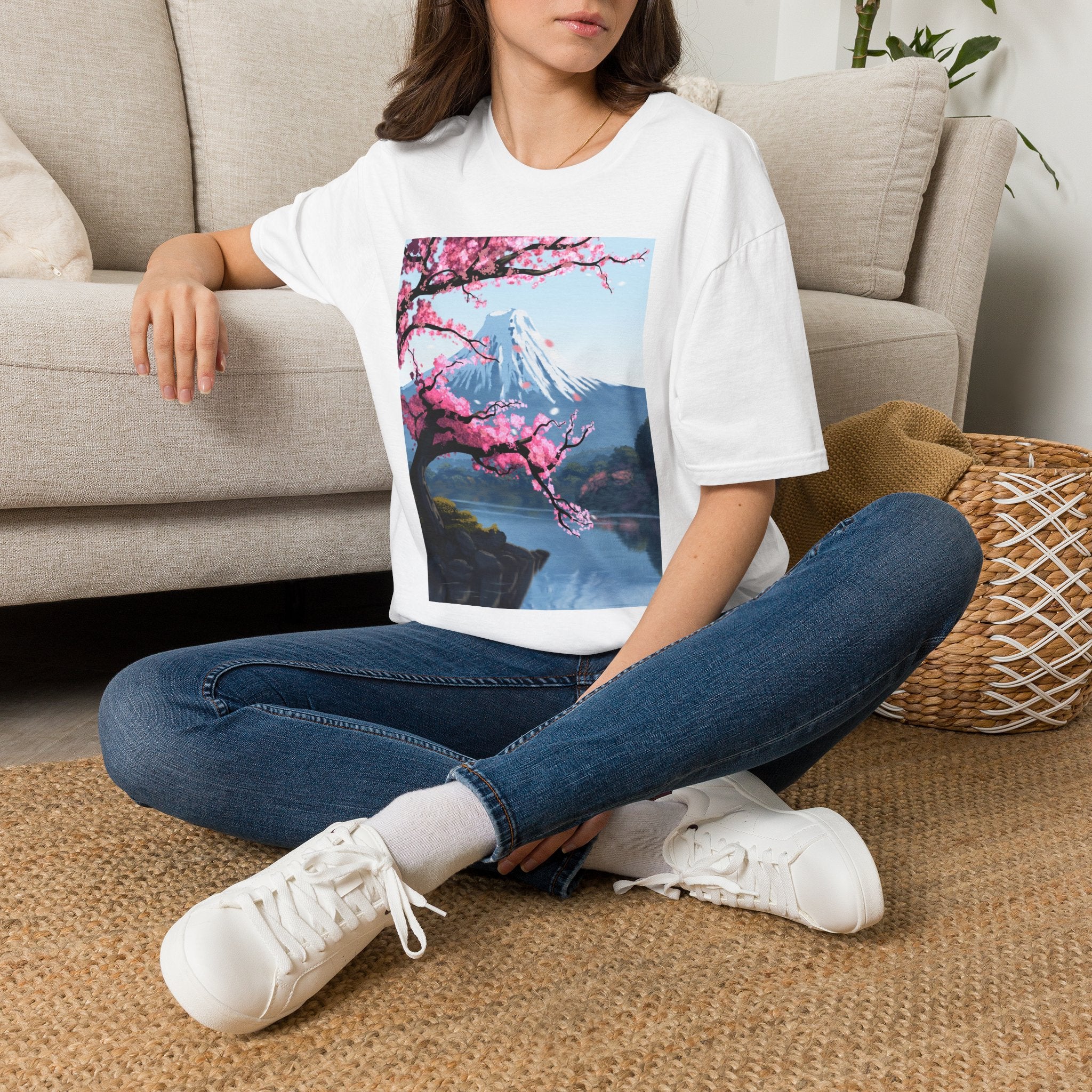 Scenic Sakura Mountain T-Shirt — Cherry Blossom & Snowy Peak Graphic Tee